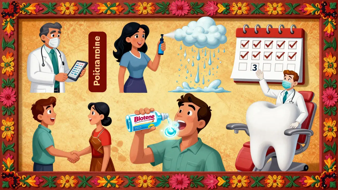 Quatre étapes illustrées pour gérer la bouche sèche : consultation, traitement, soins et suivi dentaire.