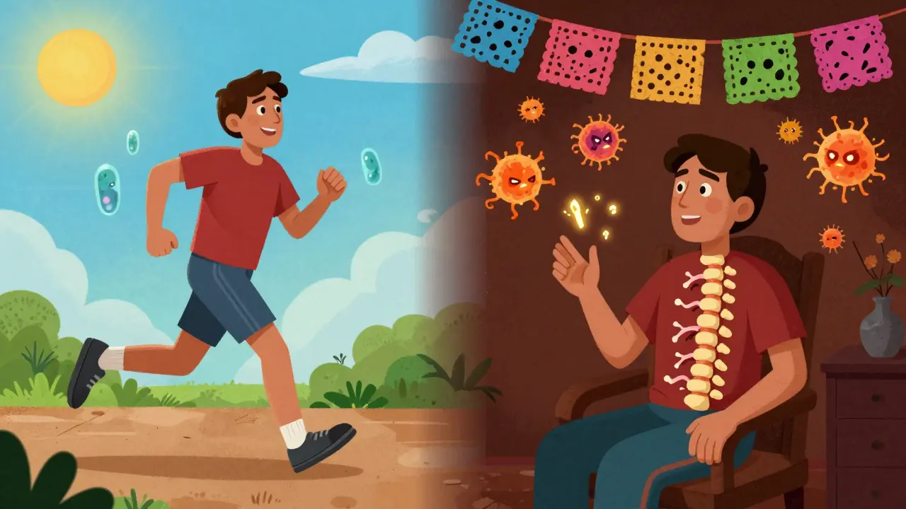 Scène divisée montrant une personne active avec des mitochondries énergisantes d'un côté, et des neurones fragmentés de l'autre, style folklorique mexicain.