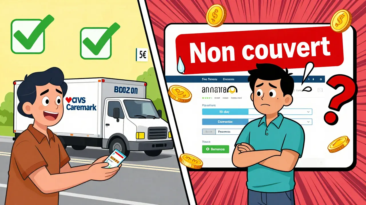 Scène divisée : patient recevant des médicaments par courrier avec remboursement, et un autre face à un site non couvert.