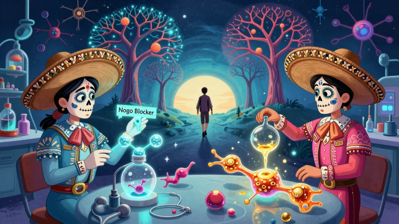 Scientifiques réparant un axone avec une clé magique et du métal liquide, dans un laboratoire aux motifs de la Fête des Morts.