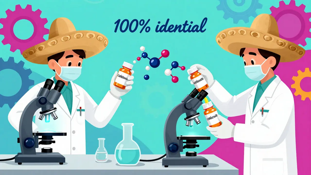 Technicien de laboratoire remplissant deux bouteilles identiques, l'une avec un nom de marque, l'autre sans, dans un style d'animation mexicaine coloré.