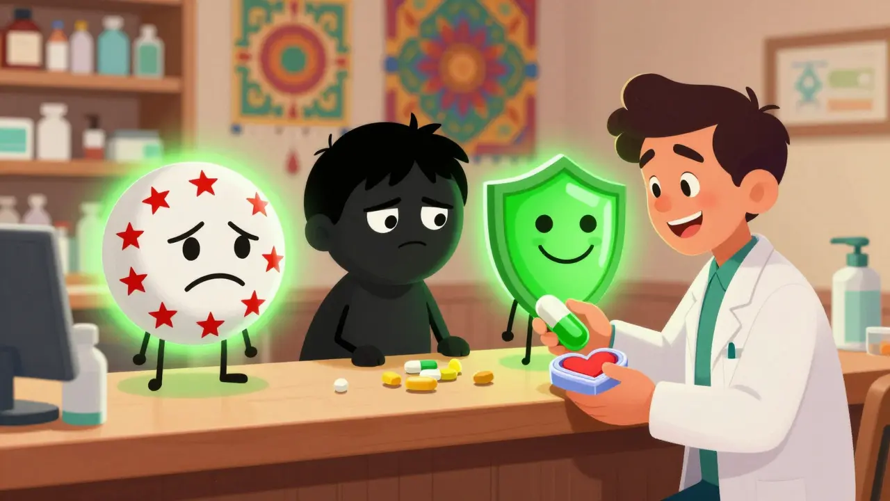 Trois inhibiteurs de la pompe à protons sur un comptoir de pharmacie, dont un seul est sûr avec le clopidogrel.