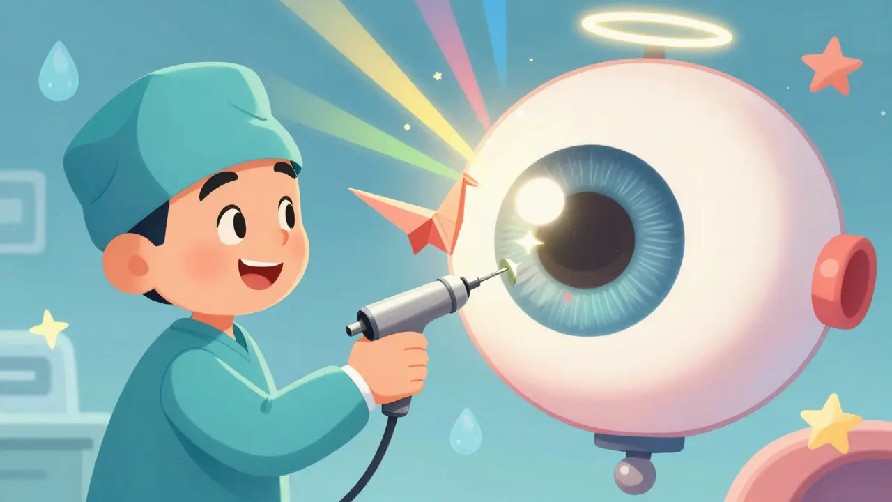 Un chirurgien retire une lentille trouble dans un œil géant avec un outil ultrasonique, des rayons de lumière émergent.