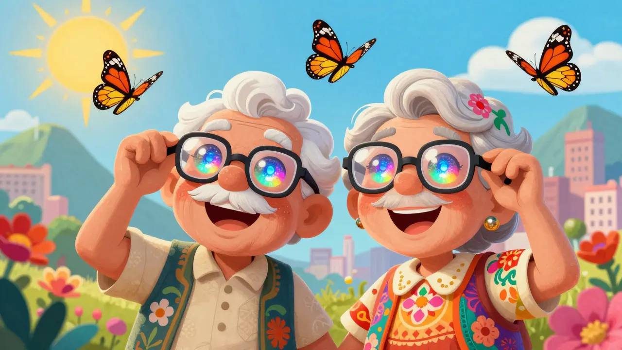 Un couple âgé rit sous le soleil, leurs lunettes deviennent des papillons, leurs yeux brillent de clarté nouvelle.