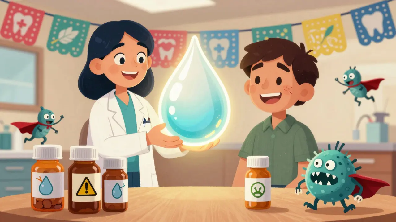 Un dentiste protège un patient contre des bactéries avec une goutte de salive magique et des médicaments en arrière-plan.