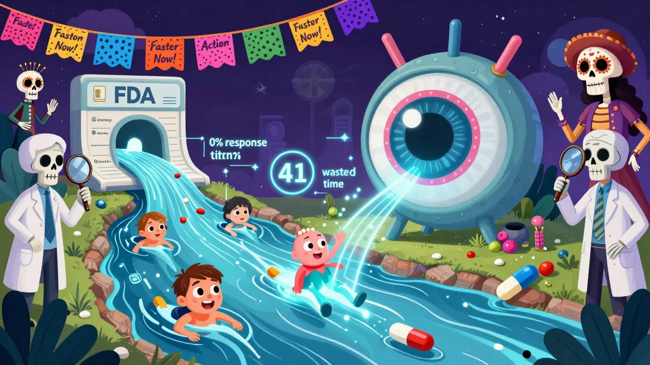 Un fleuve de données médicales alimente l'œil de la FDA pour arrêter un monstre de médicaments inefficaces, dans un style d'animation mexicaine.