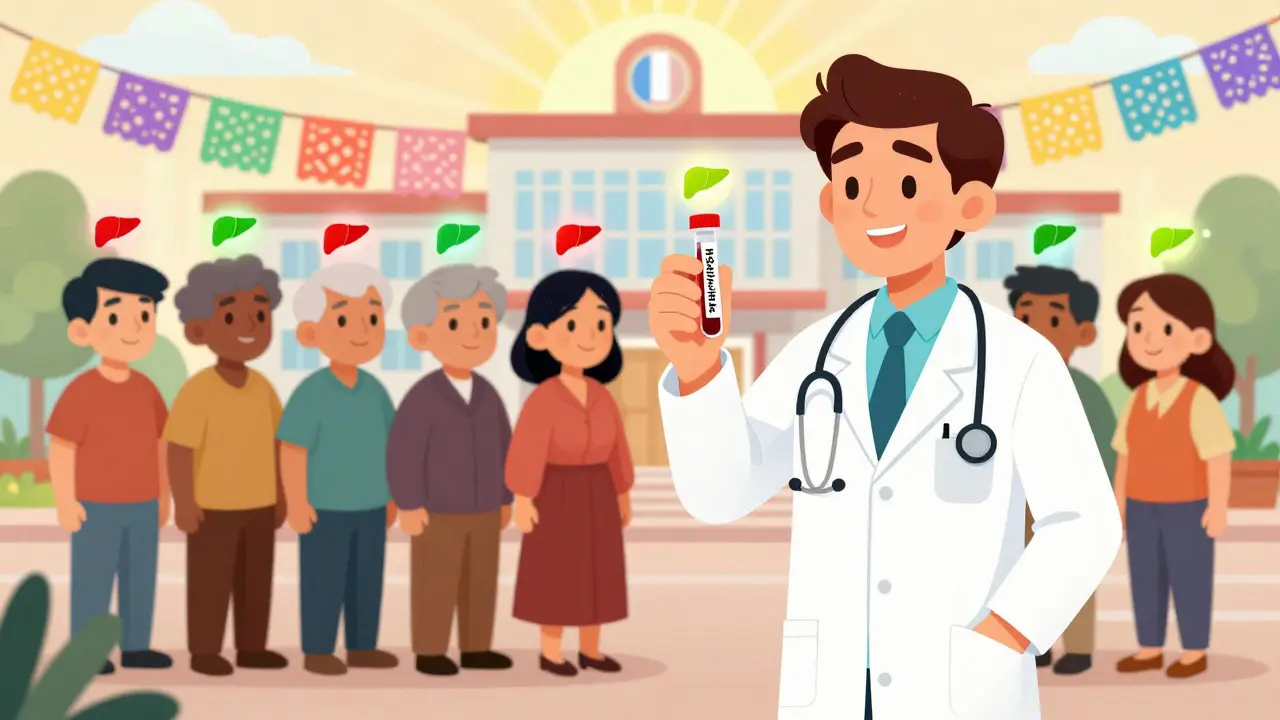 Un médecin avec un test de dépistage du VHB entouré de patients aux foies colorés, dans un hôpital stylisé aux motifs mexicains.