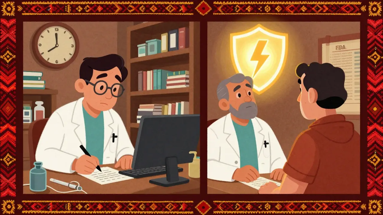 Un médecin prescrit un traitement en urgence, puis discute calmement avec un patient plus tard, dans un style d'animation mexicaine.