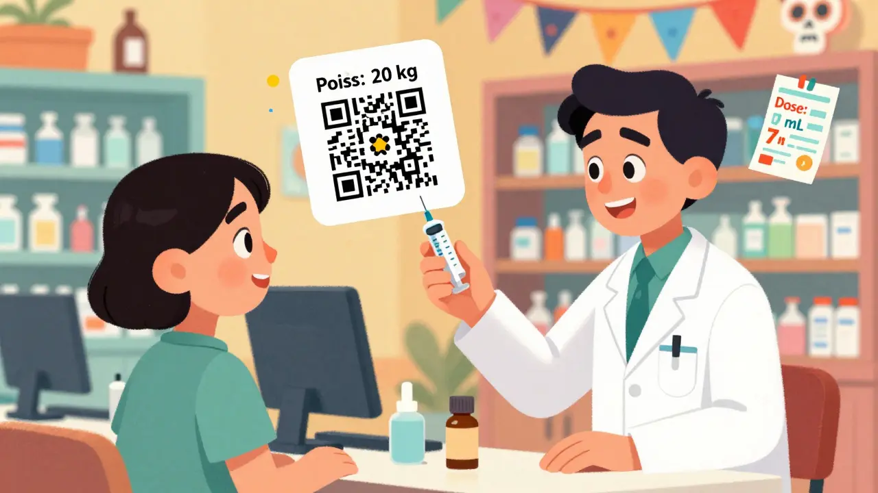 Un pharmacien remet une seringue à un parent, avec un code QR qui affiche une vidéo de dosage.
