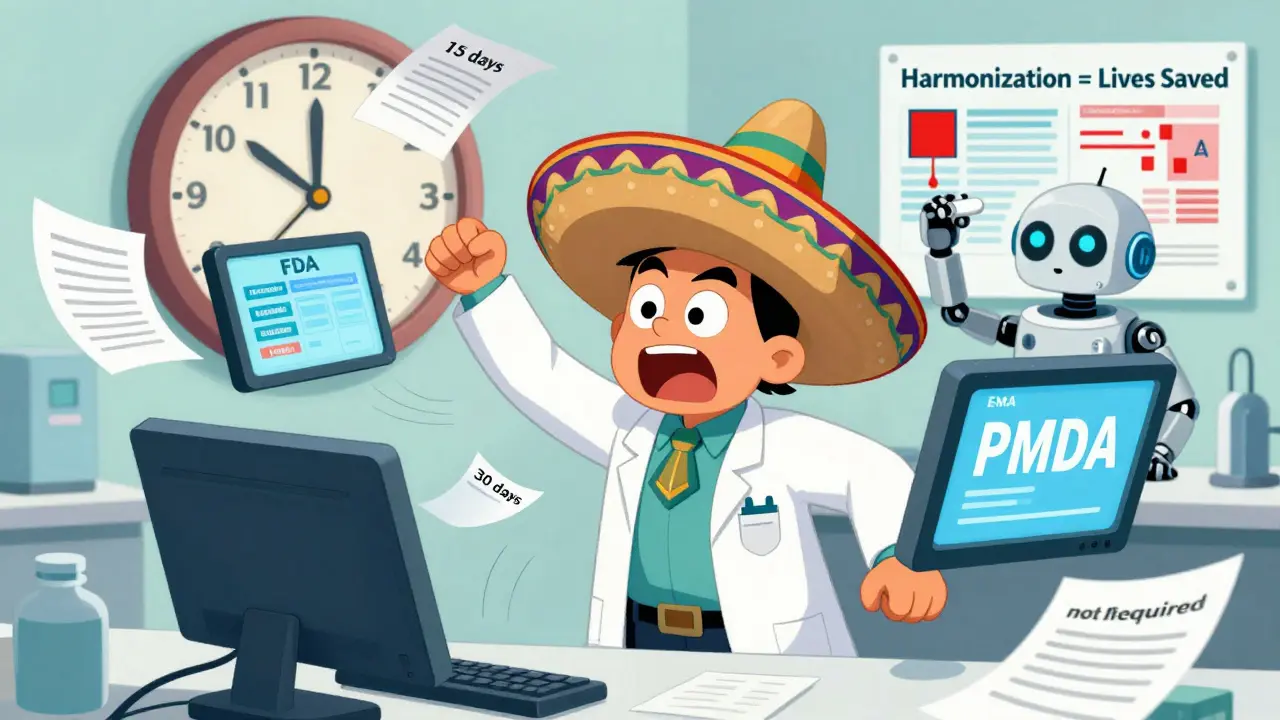 Un travailleur en blouse jette des formulaires de différents pays sous une horloge folle, tandis qu'un robot IA filtre les alertes.