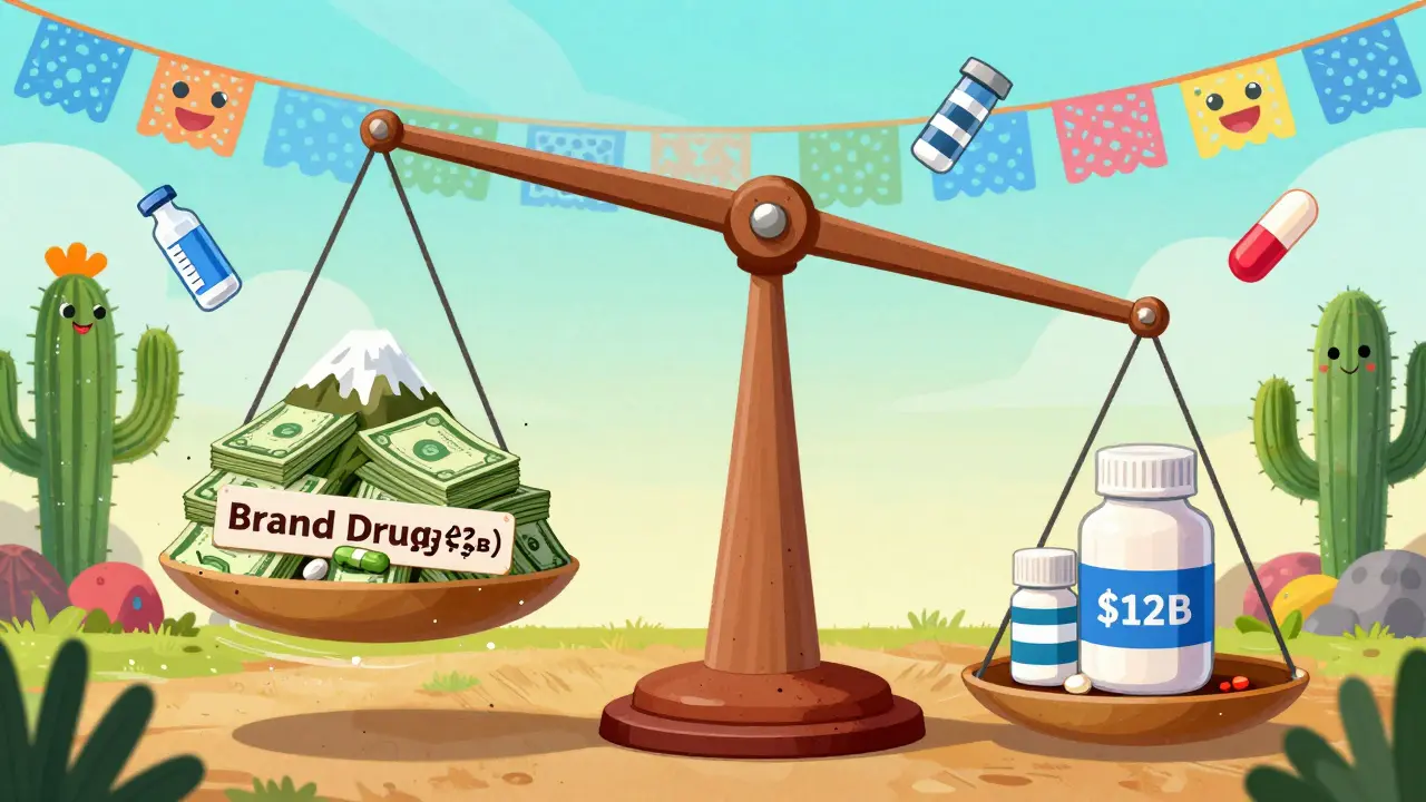 Une balance géante où des bouteilles génériques lèvent tout le système de santé contre une montagne d'argent des médicaments de marque.