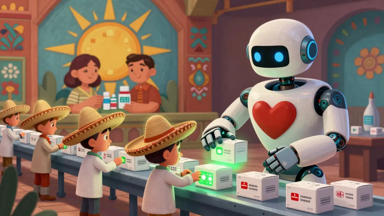 Une chaîne de production animée où des travailleurs appliquent des identifiants numériques sur des médicaments génériques.