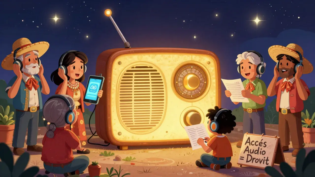 Une communauté écoute des bulletins de santé via une radio en forme d'alebrije sous un ciel étoilé.