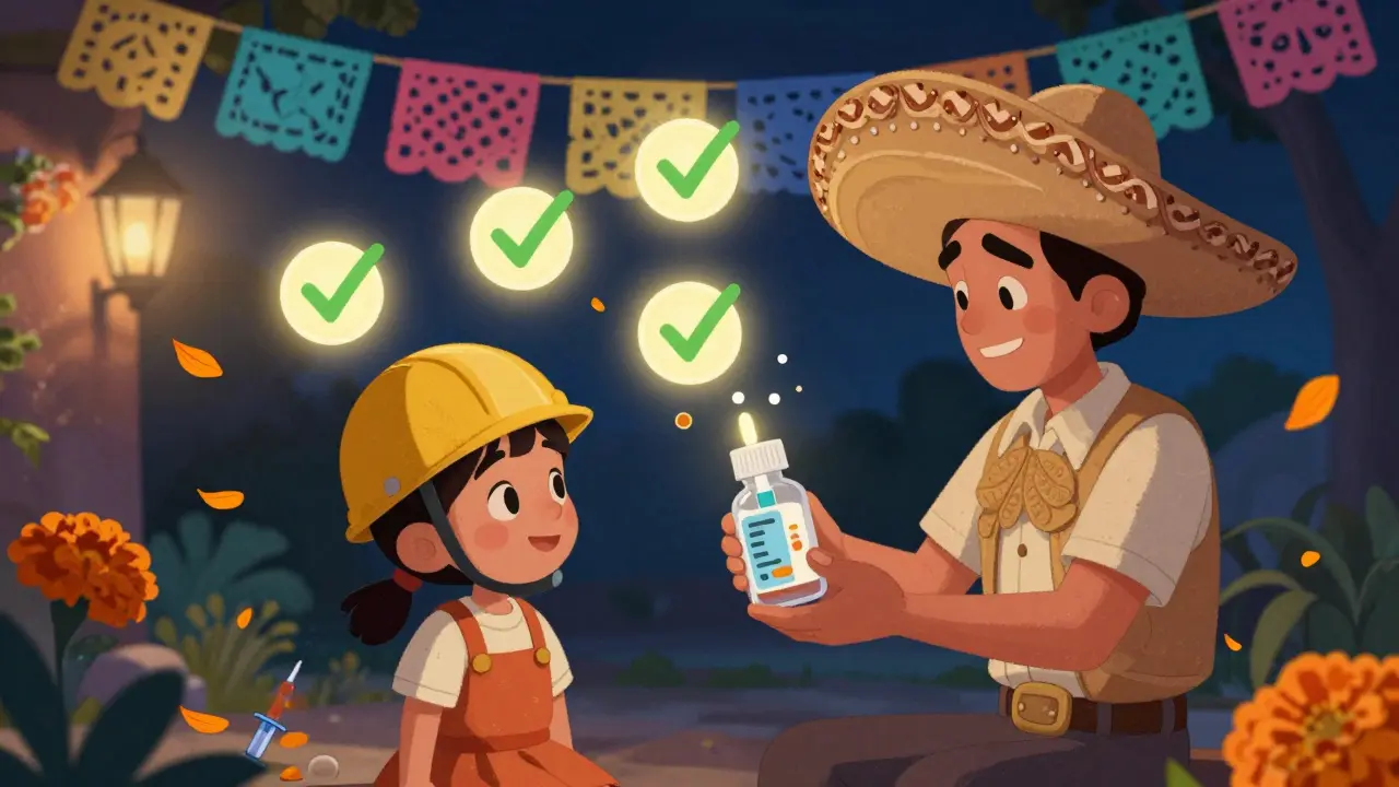 Une famille vérifie cinq points de sécurité avant de donner un médicament à un enfant, entouré de décorations colorées.