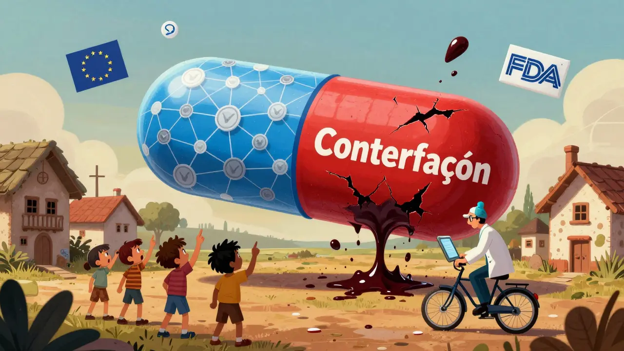 Une pilule géante divisée entre authenticité vérifiée et contrefaçon toxique, observée par des villageois.