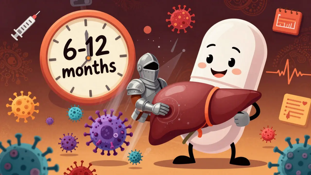 Une pilule héroïque protégeant un foie des virus, avec une horloge indiquant 6 à 12 mois, dans un style d'animation mexicaine vivante.