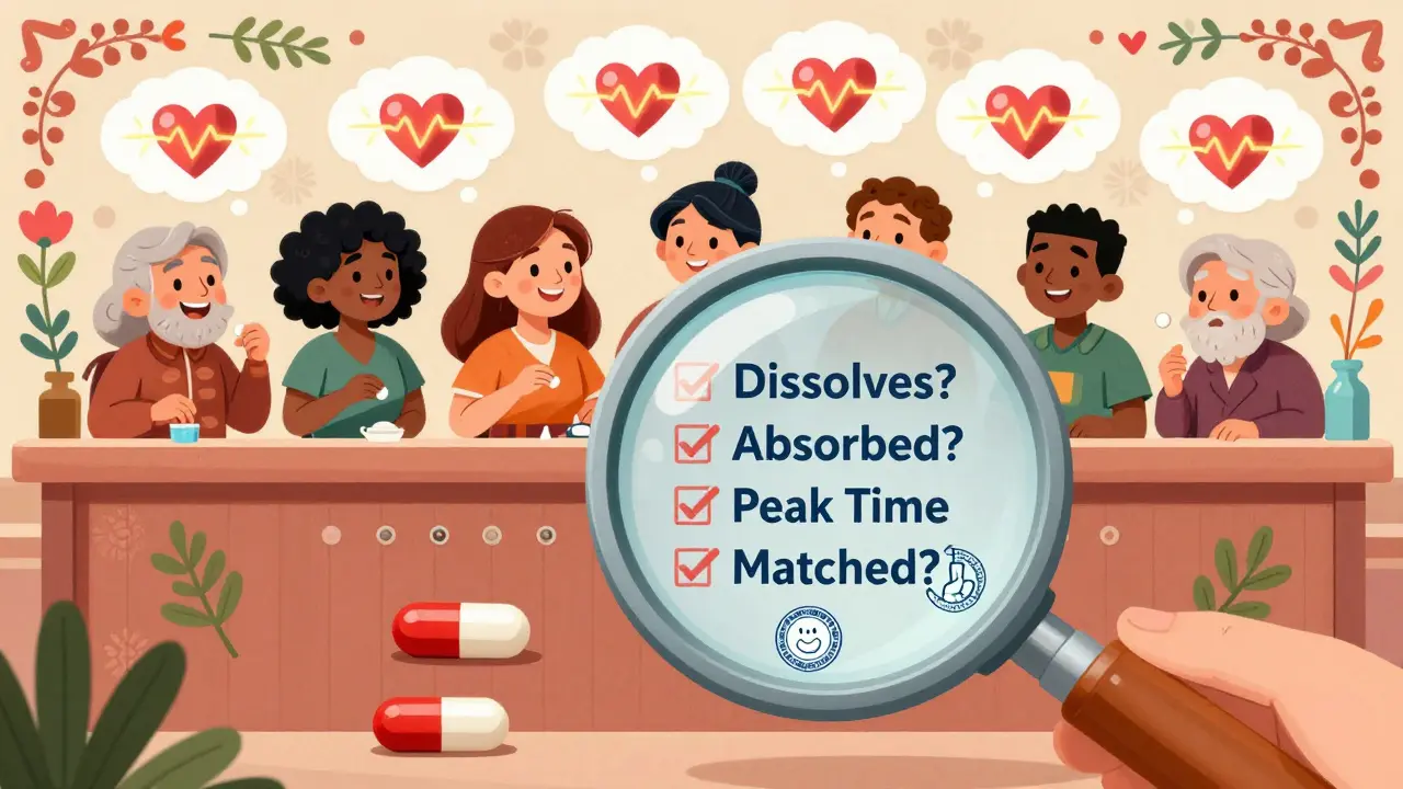 Des patients prenant des génériques, avec des bulles de pensée montrant des battements de cœur identiques.