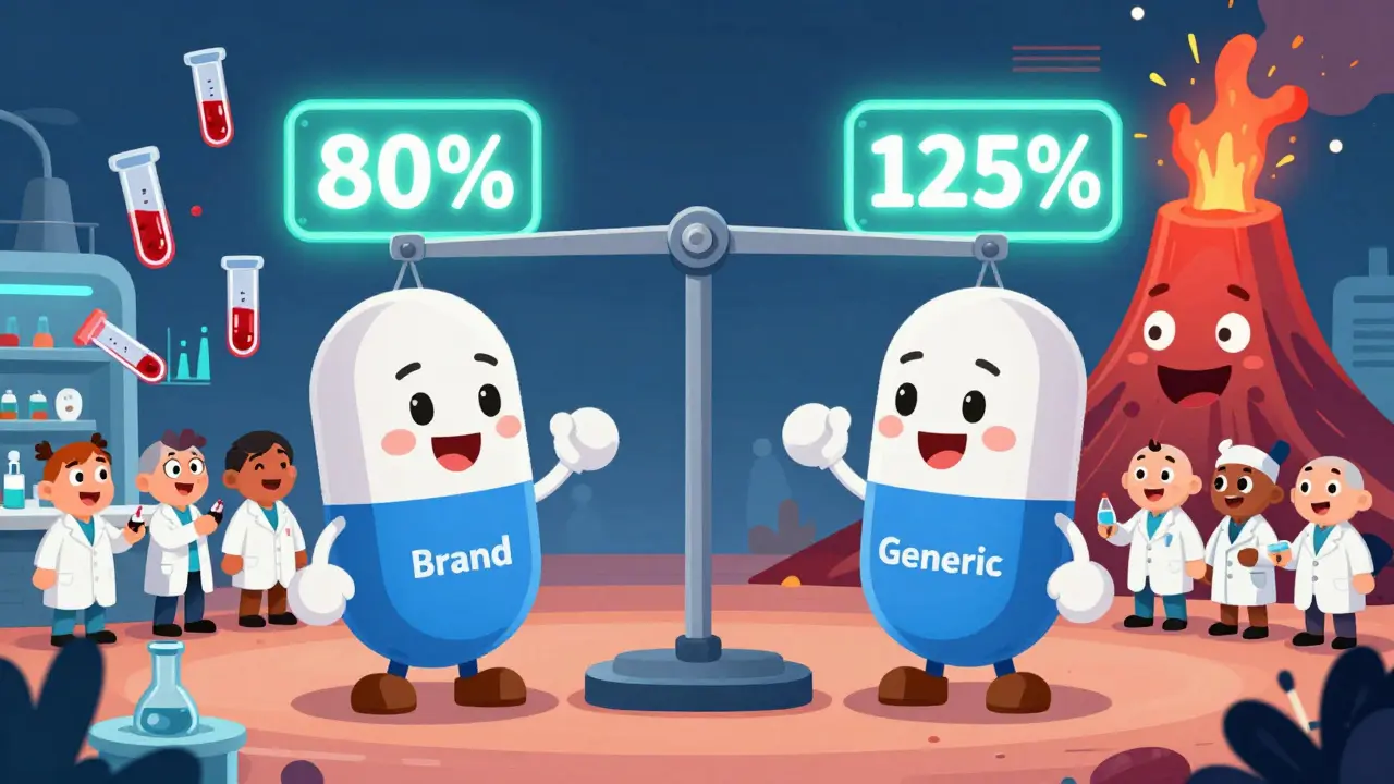 Deux pilules comparées dans un laboratoire coloré, avec des graphiques flottants et des scientifiques joyeux.