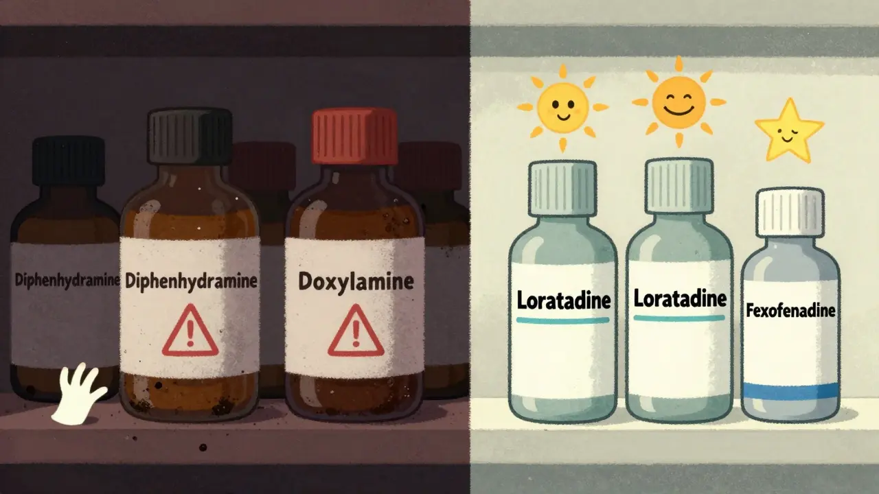 Étagère de pharmacie séparée entre des médicaments dangereux et des alternatives sûres, avec symboles d'avertissement et de lumière.