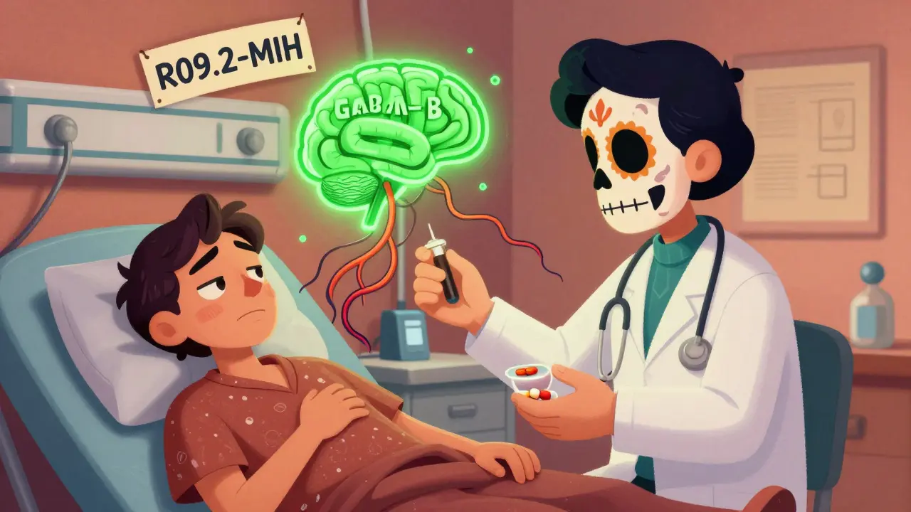 Un médecin prescrit du baclofène à un patient en chimiothérapie, avec un récepteur cérébral lumineux dans un style mexicain.