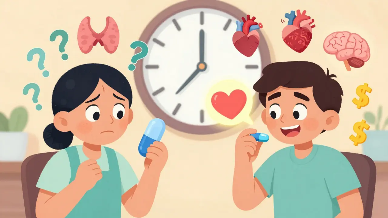 Un patient passe de l'inquiétude à la joie en prenant un générique, avec des symboles de santé et d'économie.