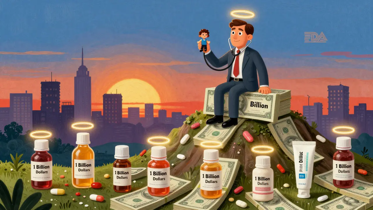 Un patron sur un montant d'argent regarde des formes de médicaments entourées de halos dorés, sous un ciel de bouteilles de pilules.