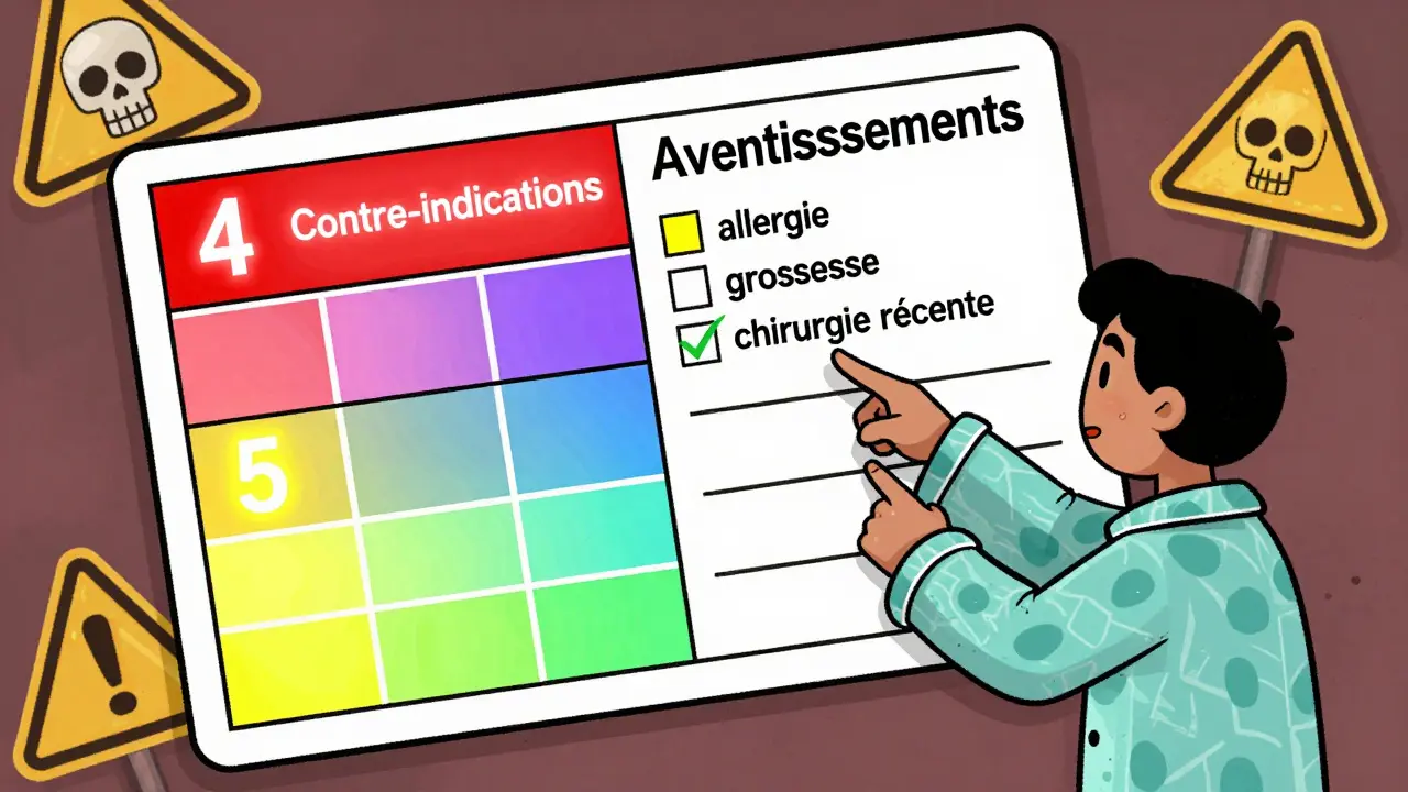 Un pharmacien explique une étiquette de médicament avec des sections colorées et des signaux d'alerte flottants.