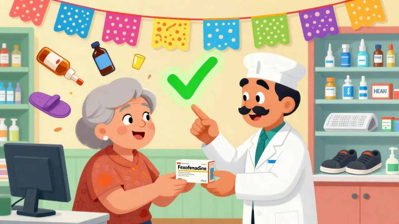 Un pharmacien remplace un antihistaminique dangereux par une alternative sûre, avec des symboles de sécurité visibles en arrière-plan.