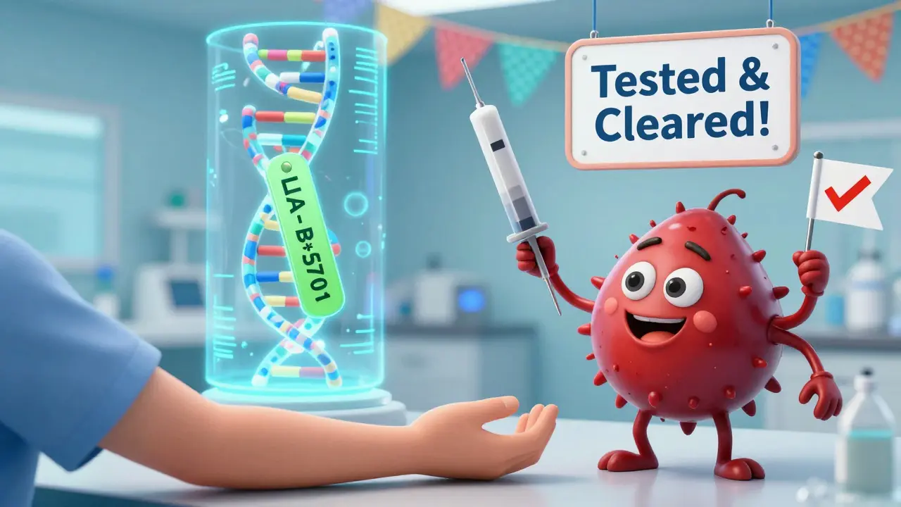 Un test cutané médical amical dans un laboratoire coloré avec un gène HLA-B*57:01 qui clignote en arrière-plan.