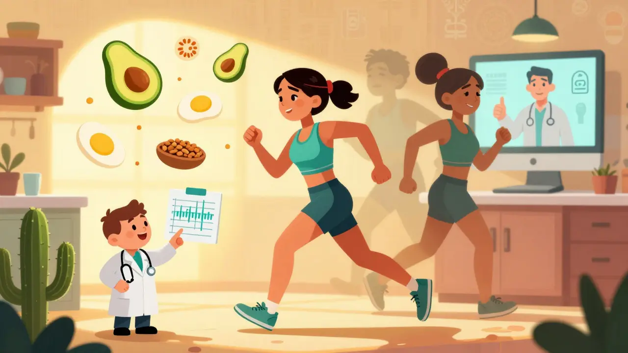 Une coureuse dans une cuisine lumineuse entourée de nourriture saine, avec un médecin et un écran de télé-réhabilitation.