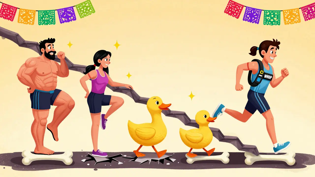 Une échelle de réhabilitation en six étapes avec des exercices humoristiques et des symboles de guérison.