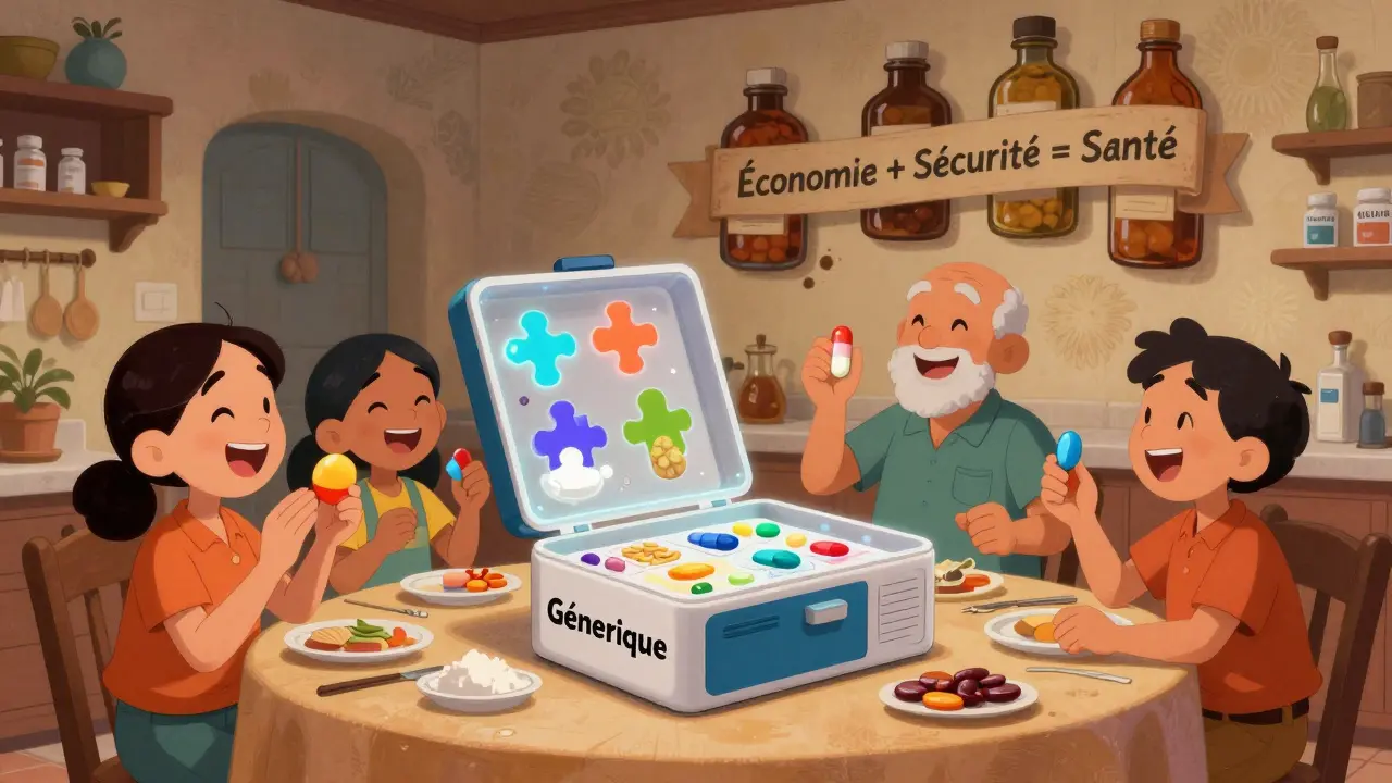 Une famille examine différents comprimés génériques à la cuisine, des ingrédients cachés apparaissant en transparence.
