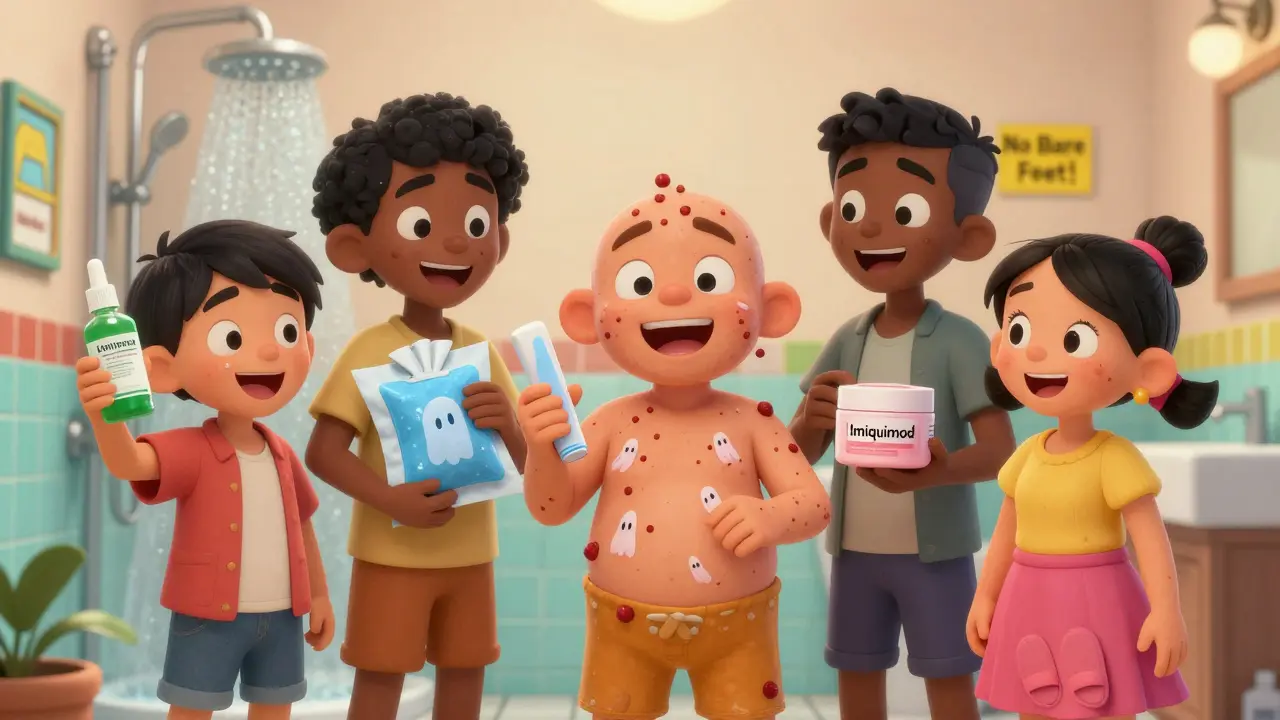 Une famille utilise différents traitements contre les verrues dans une salle de bain, avec des signes d'hygiène visibles.