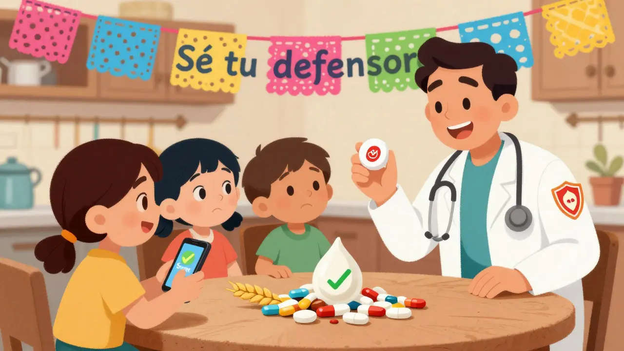 Une famille vérifie des médicaments avec un smartphone, découvrant des allergènes cachés, dans un style d'animation coloré mexicain.