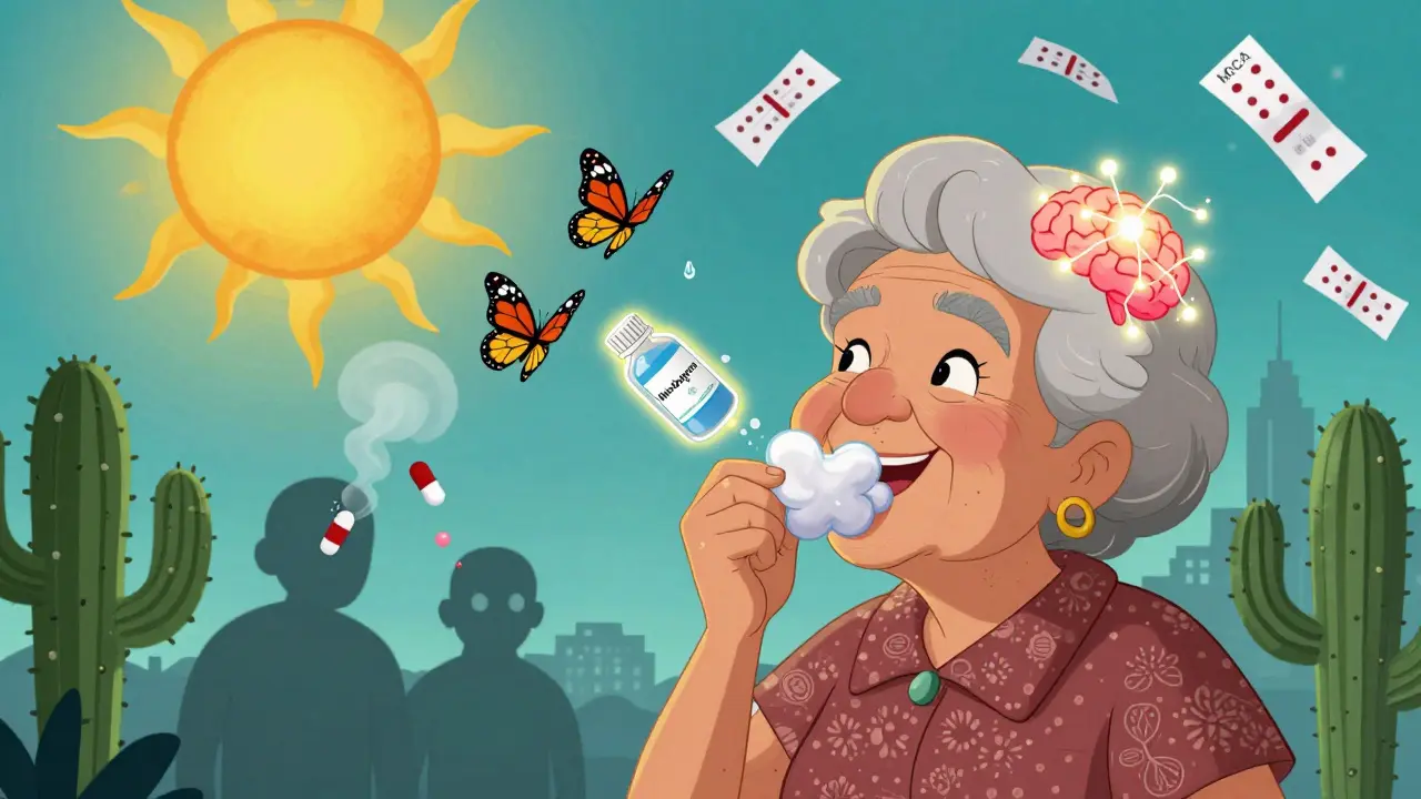 Une femme âgée mâche un chewing-gum, des gouttes de salive deviennent des papillons, un cerveau lumineux et des médicaments alternatifs en arrière-plan.