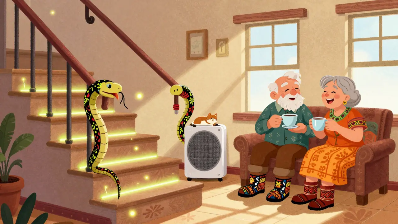 Une maison sécurisée pour seniors avec des barres d'appui décoratives, des filtres HEPA et des chaussures antidérapantes, dans un style d'animation mexicaine coloré.