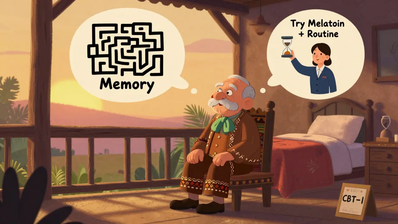 Une personne âgée sur un porche au coucher du soleil, entourée de bulles de pensée montrant des solutions pour dormir sans risque.