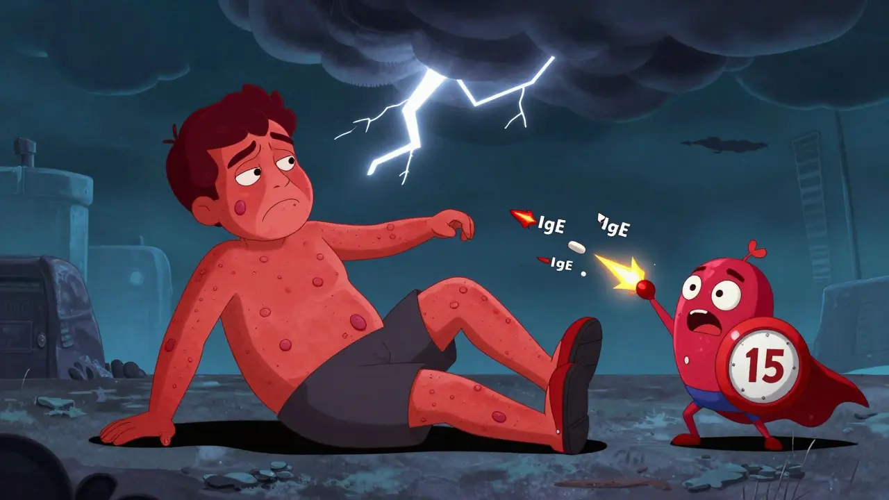 Une réaction allergique sévère avec urticaire, gonflement et nuage d'urgence autour d'une personne qui s'effondre.