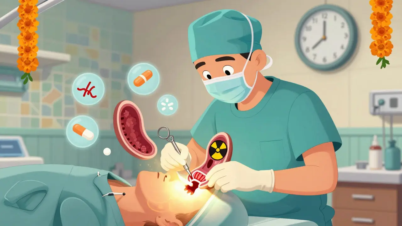 Chirurgien retirant la thyroïde avec une incision lumineuse, des symboles médicaux flottants.