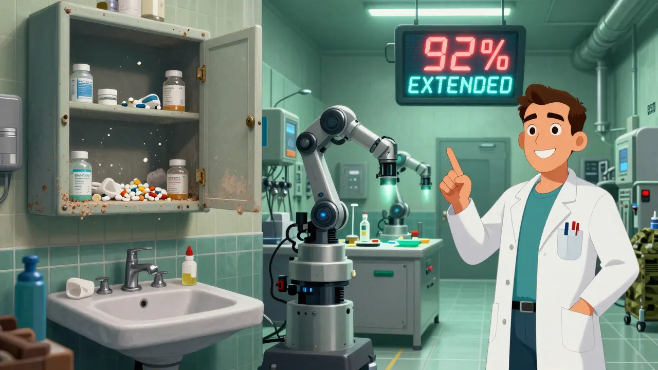 Comparaison entre un armoire à pharmacie domestique périmée et un entrepôt militaire high-tech testant la stabilité des médicaments.