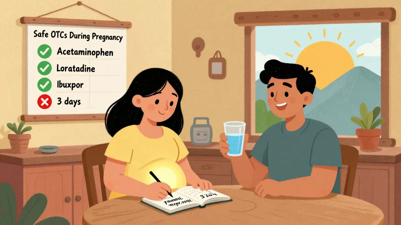 Femme enceinte notant ses médicaments à la cuisine, avec un tableau des médicaments sûrs et dangereux au mur.