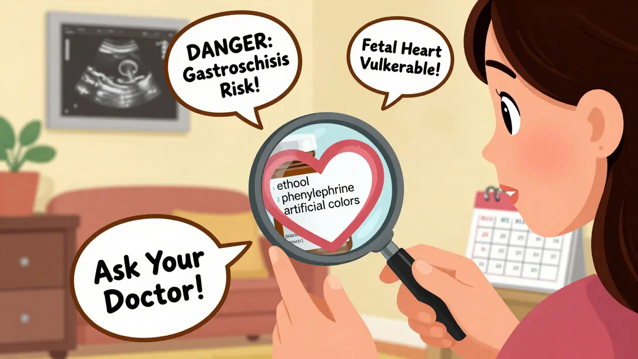 Main de femme lisant les ingrédients d’un médicament sous une loupe, des avertissements flottants apparaissent autour.