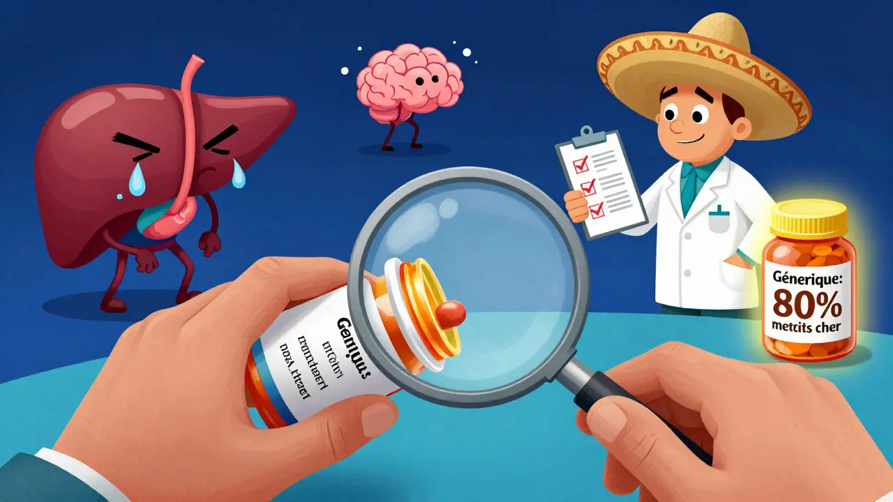 Main tenant une bouteille de médicament, des effets secondaires animés sortent du flacon, un pharmacien souriant regarde.