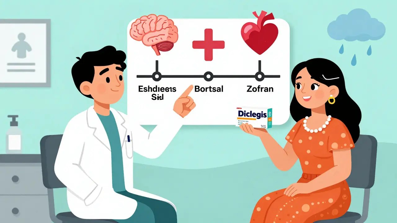 Médecin et patiente discutant d'un calendrier de grossesse avec des icônes représentant les risques médicamenteux par trimestre.
