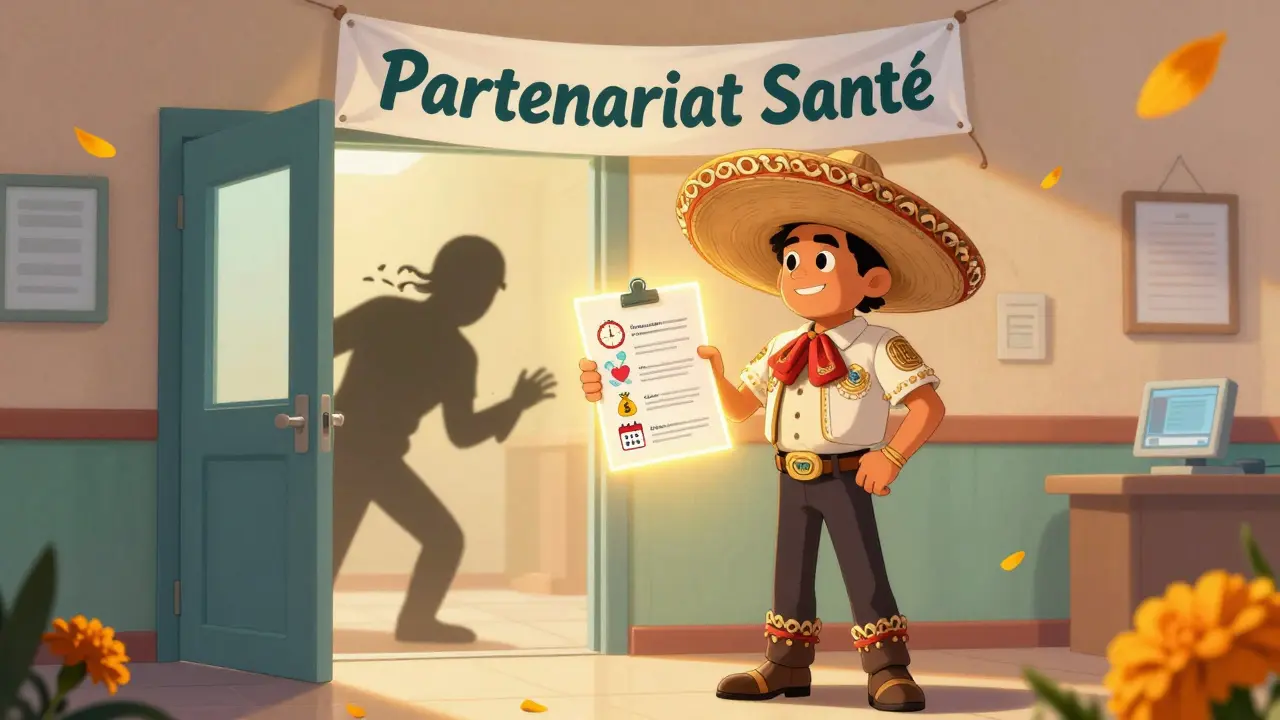 Patient debout à la porte d'une clinique, tenant une checklist lumineuse, un drapeau 'Partenariat Santé' flotte au-dessus.