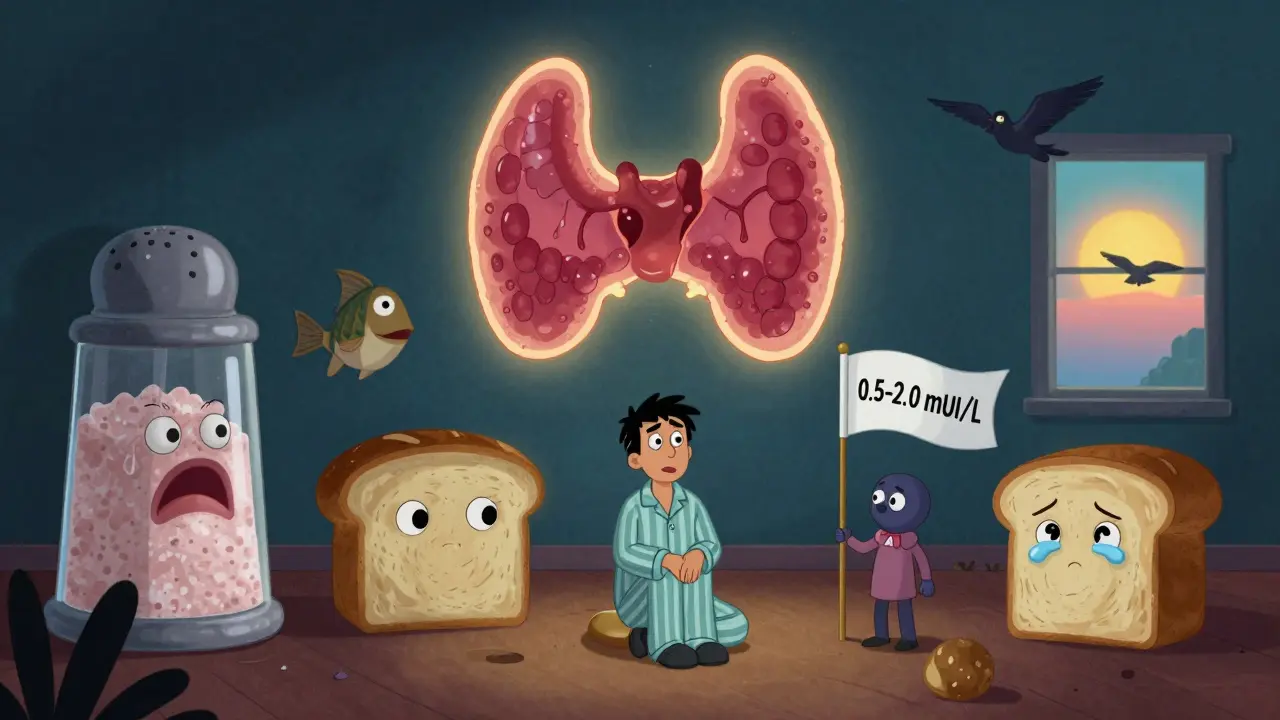 Patient isolé entouré d'aliments interdits, une thyroïde se régénère au-dessus de lui.