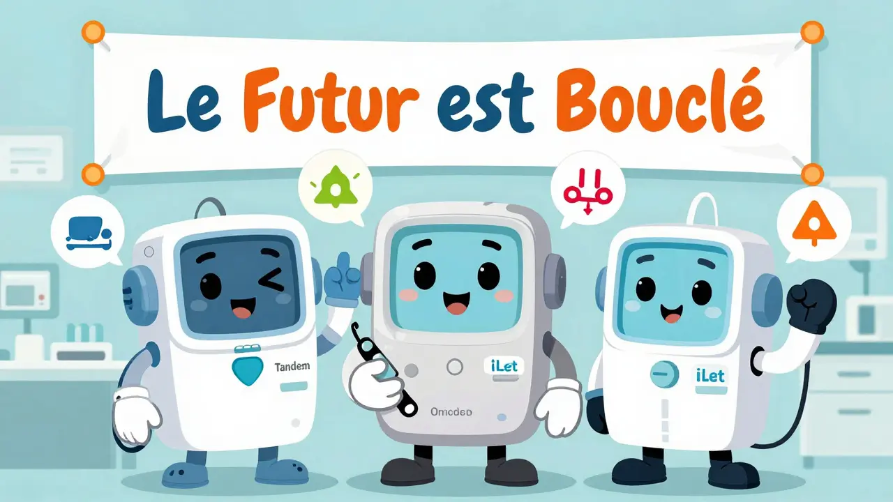 Trois dispositifs d'insuline automatisée personnalisés comme des personnages animés, entourés de symboles de sommeil et d'alerte, dans un style mexicain coloré.