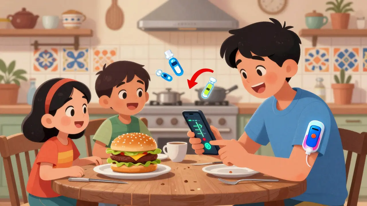 Un adolescent en train de manger un burger, son patch insuline s'active automatiquement, avec des molécules de glucose qui atteignent la zone cible.