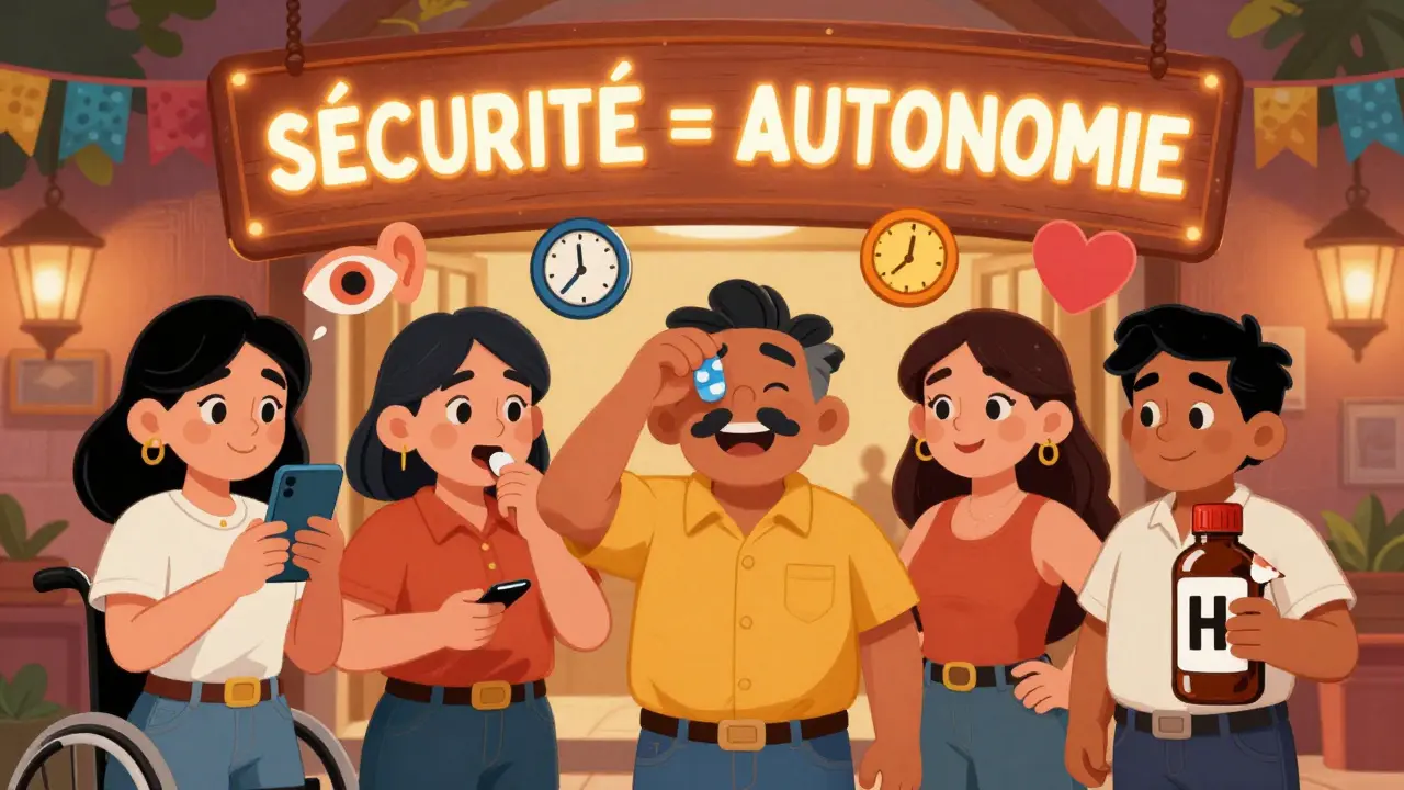 Un groupe de personnes handicapées utilise des outils d’aide : téléphone, étiquettes Braille, flacons texturés, sous un panneau lumineux.