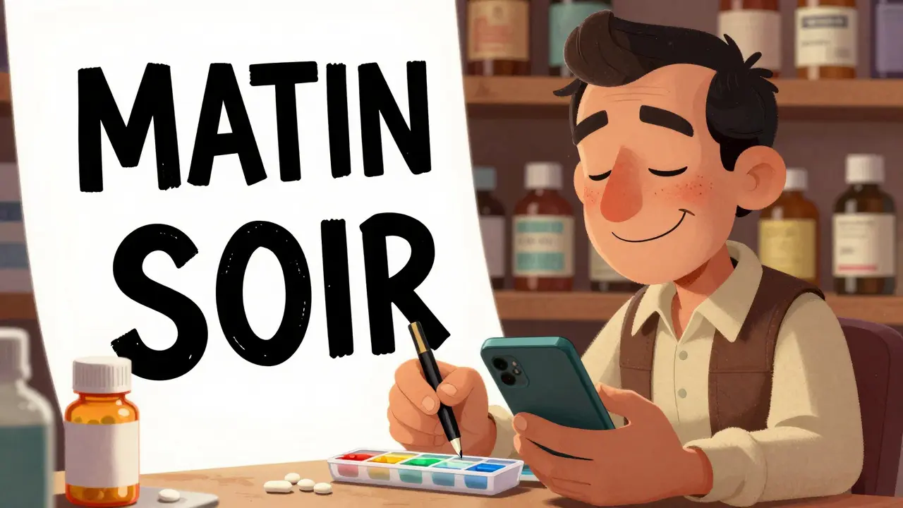 Un pharmacien écrit en gros caractères noirs sur un flacon de médicament, un patient sourit en tenant un organiseur coloré.